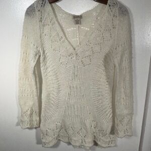 Lucky Brand Crochet Knit Sweater Womens XS Ivory Alpaca Wool Blend‎ Boho V-Neck